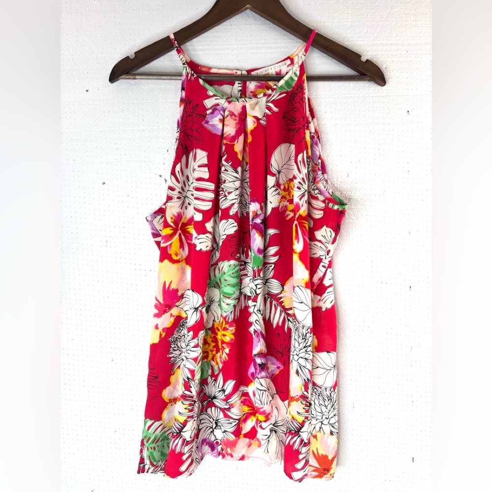 Violet & Claire L Halter Aloha Floral Top on a Pink Red